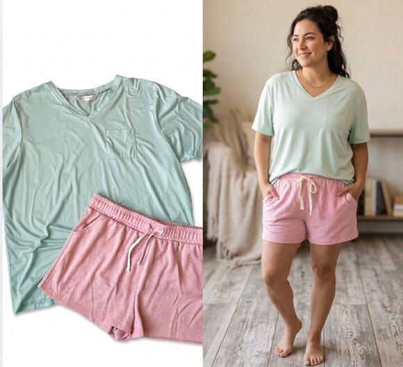 The Royal Standard Lounge Set 2XL Mint V-Neck Tee & Large Pink Shorts
